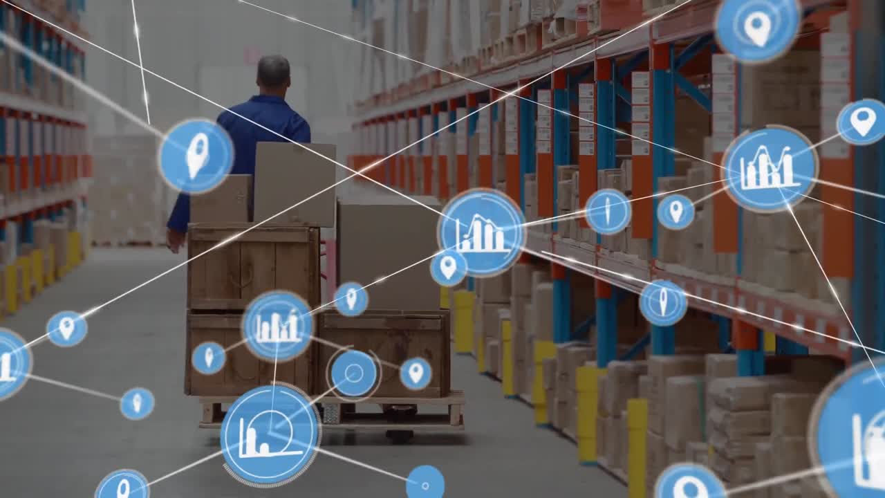 창고에서 일하는 사람 위의 아이콘과 연결 네트워크의 애니메이션