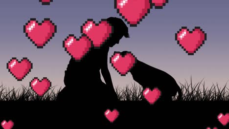 animación de iconos de corazón flotando sobre perro mascota con niño