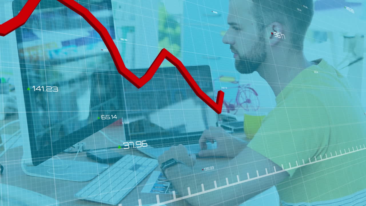 animación de la línea roja y el procesamiento de datos financieros sobre el empresario que utiliza la computadora en la oficina