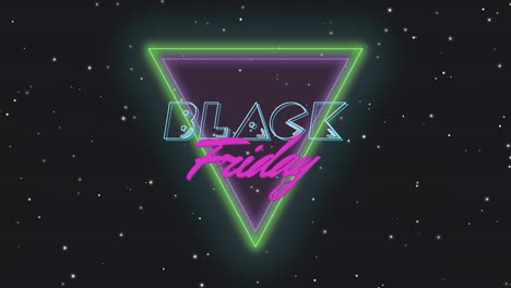 retro black friday text with neon triangle in dark galaxy