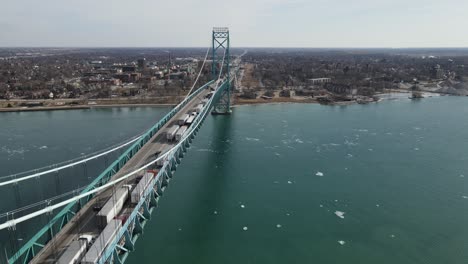 Truckers-crossing-USA---Canda-border-over-Ambassador-bridge-in-Detroit,-aerial-view