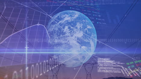 Erde-Mit-Daten--Und-Diagrammanimation-über-Stromleitungen-Und-Sonnenuntergangshintergrund