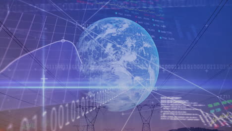 earth with data and graphs animation over power lines and sunset background
