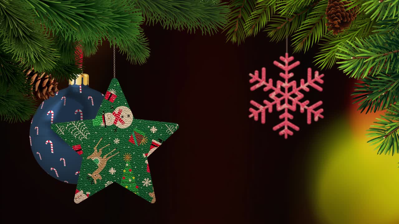 los adornos de navidad y los pinos se balancean en un fondo bokeh en bucle