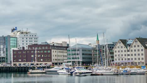 View-of-a-marina-in-Tromso,-North-Norway