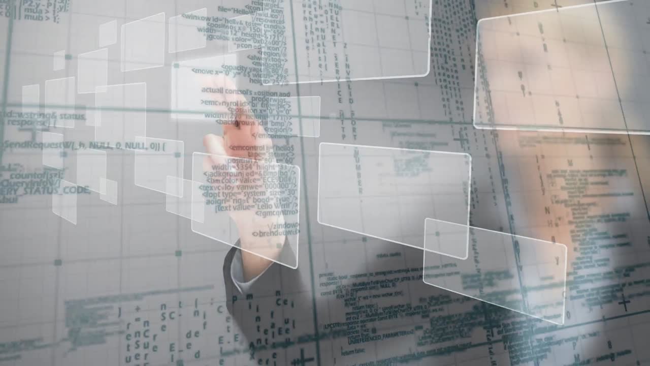 Animation of caucasian businesswoman touching interactive screen with data processing