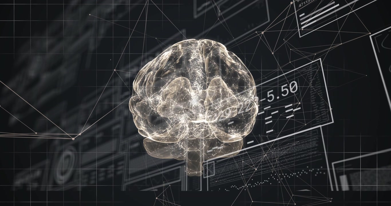 Vertical video: Playback starting, 3D brain rotating, revealing nodes and UI panels for research
