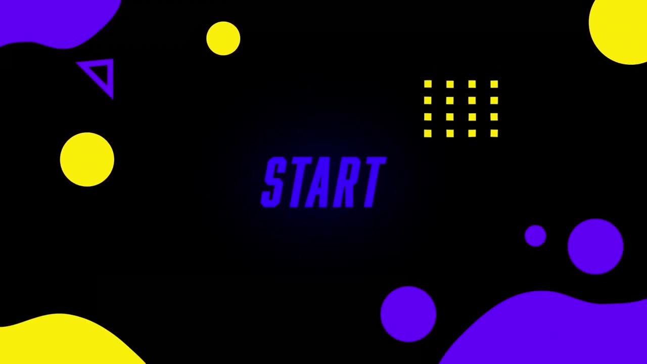 Animazione di banner di testo "start" su forme astratte gialle e blu contro sfondo nero