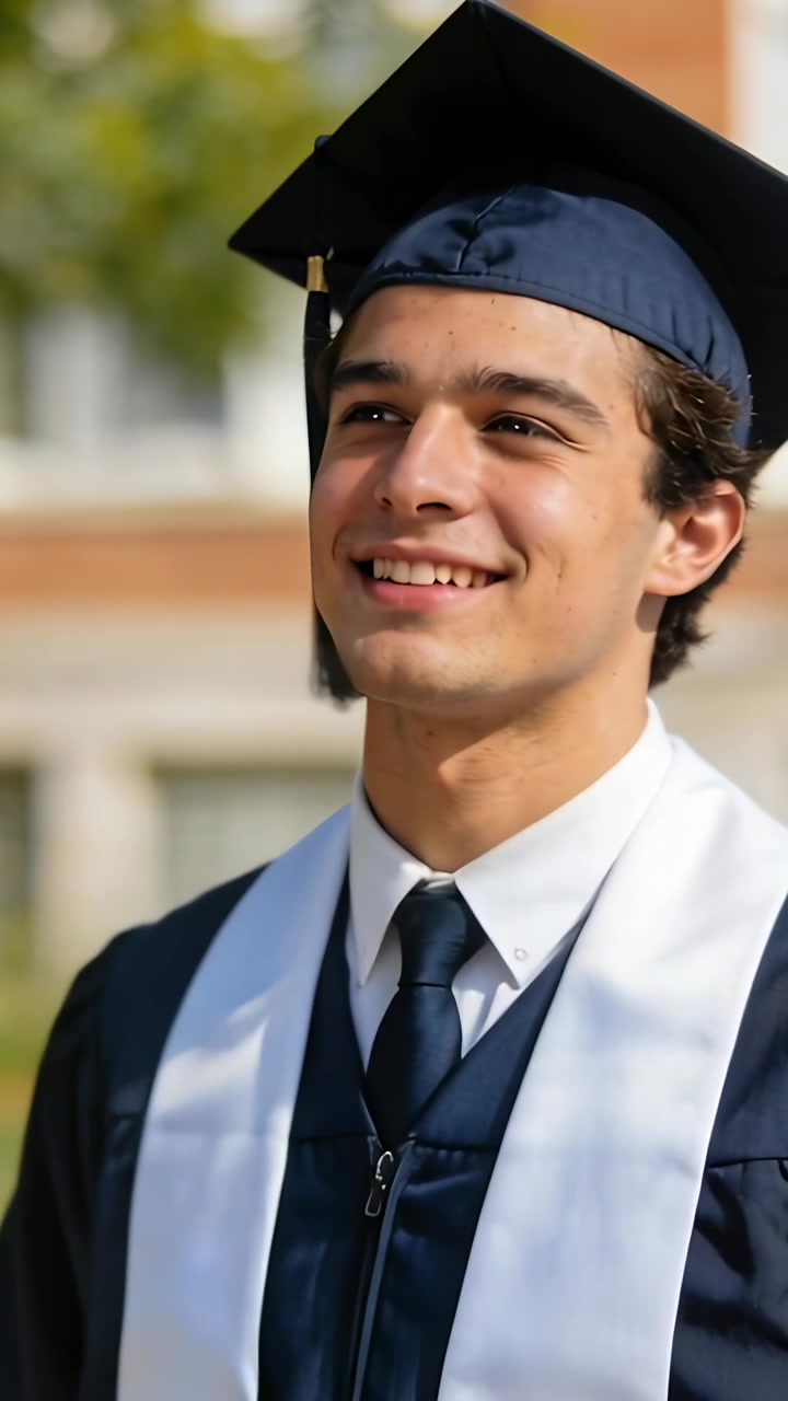 Vídeo vertical: Formando masculino posando para fotos no campus, usando capelo e estola, desviando o olhar para cima.