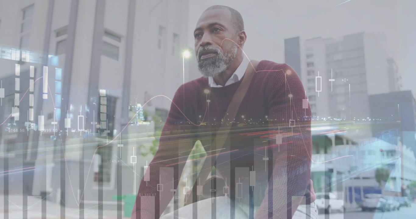 Animation of financial data processing over african american man riding bike in city