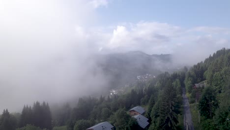 rising above cabin aerial with mountain slope and green meadows and pine tree divide with cloud obscuring half of the valley