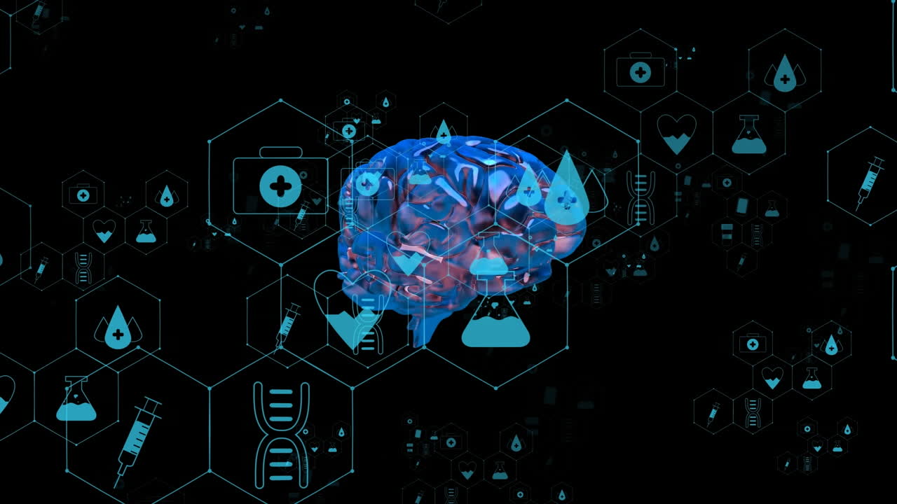 Animation of medical icons and brain on black background