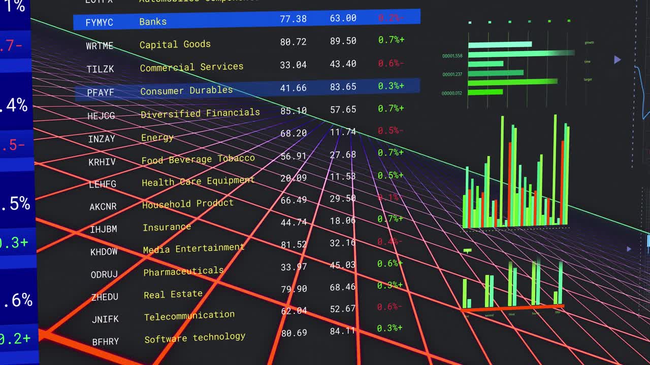 검은색 배경에 대한 그리드 패턴에 대한 여러 그래프와 거래 보드의 애니메이션