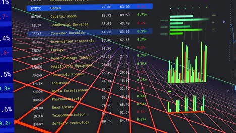 Animation-of-multiple-graphs-and-trading-board-on-grid-pattern-against-black-background