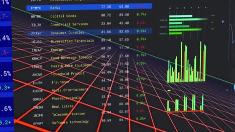 Animation-Mehrerer-Diagramme-Und-Handelstafel-Auf-Gittermuster-Vor-Schwarzem-Hintergrund