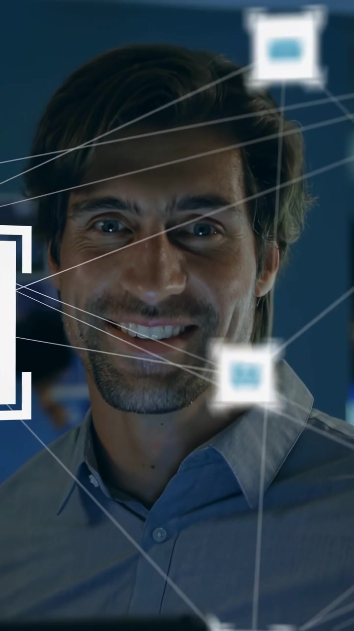 Video verticale: Uomo che usa un tablet in un ambiente tecnologico, riceve avvisi e monitora statistiche, con icone che orbitano attorno al tablet.