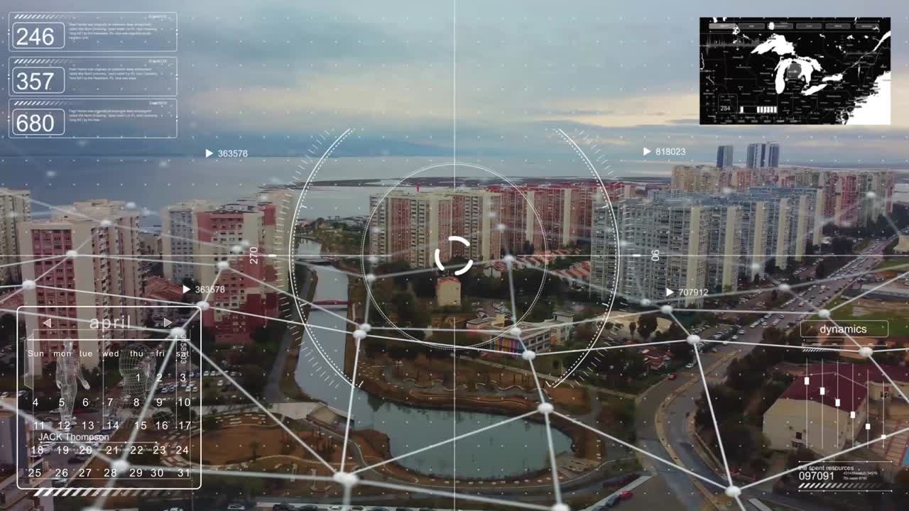 ciudad inteligente y comunicación. concepto de red futurista de la tecnología de la ciudad. red inteligente. resumen conceptual. iot, ai, computación en la nube, tecnología inalámbrica. disparo desde un avión no tripulado.