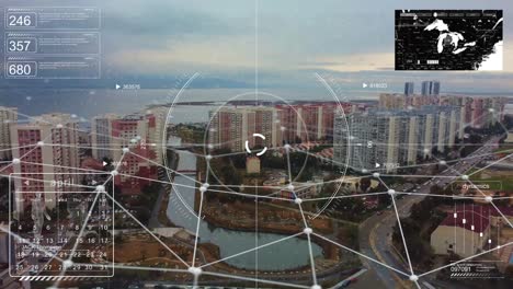 smart city and communication. futuristic network concept of city technology. smart grid. conceptual abstract. iot, ai, cloud computing, wireless technology. shot from drone.