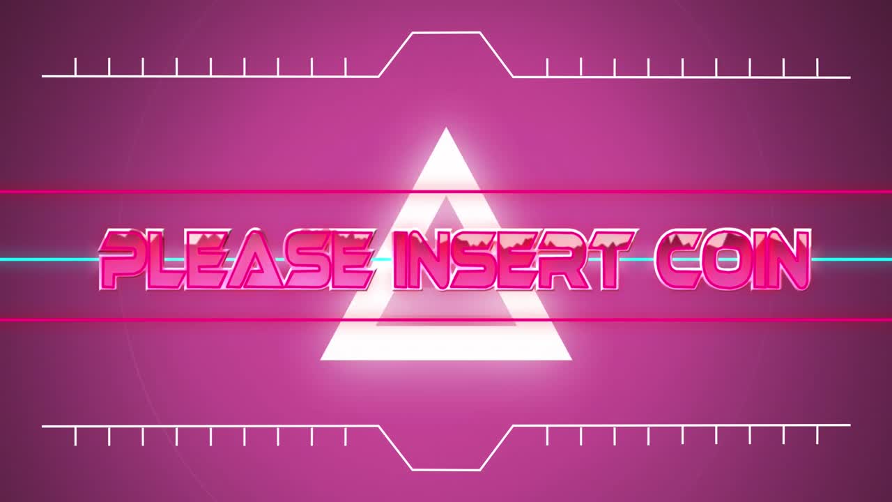 Animace textu „please insert coin“ přes neonová světla