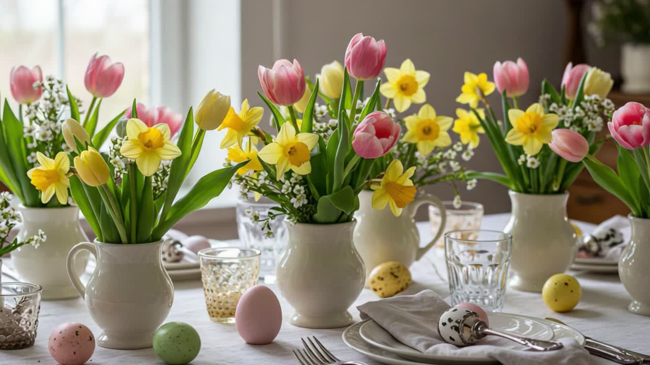 A Delightful Spring Gathering: Colorful Tulips and Daffodils Adorn the Table for Easter Celebrations with Decorative Eggs and Charming Tableware