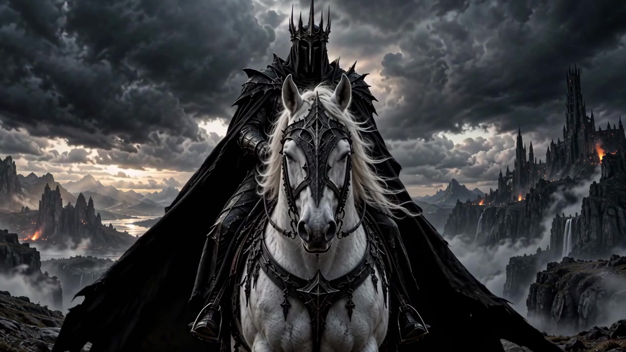 Dark Knight in Black Armor Riding White Horse Before Gothic Castle
