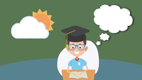 niño con icono del sombrero de graduación contra el icono de la nube y el sol