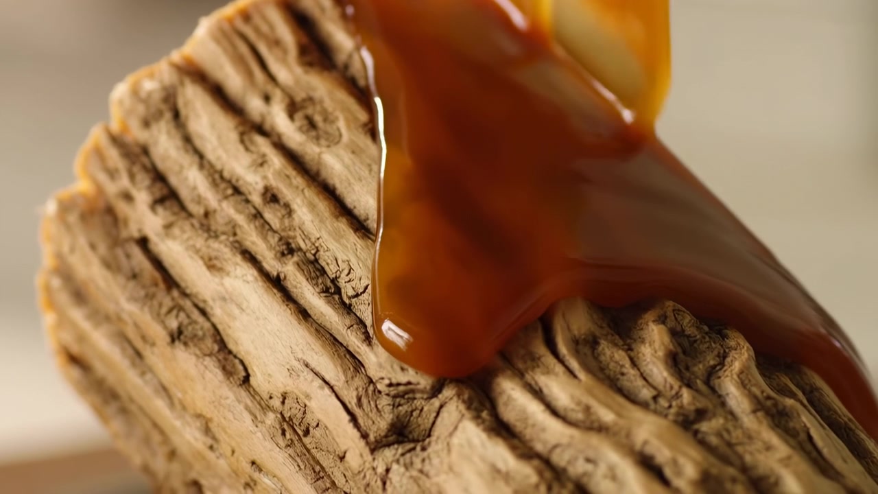 Macro motion shot showing thick amber-brown caramel pouring from top right and forming smooth glossy sheet that pools along deep horizontal ridges of tan wafer biscuit