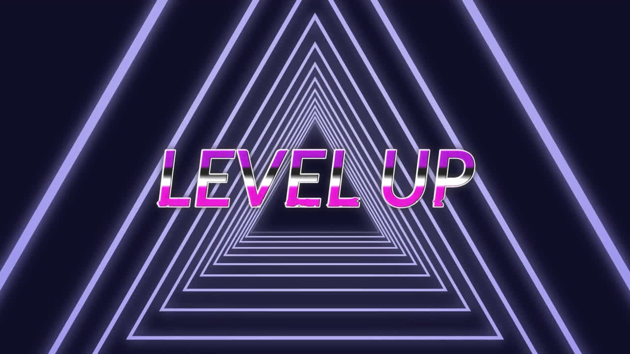 검은색 바탕에 삼각형 모양의 무결한 패턴으로 레벨 업 텍스트 배너의 애니메이션