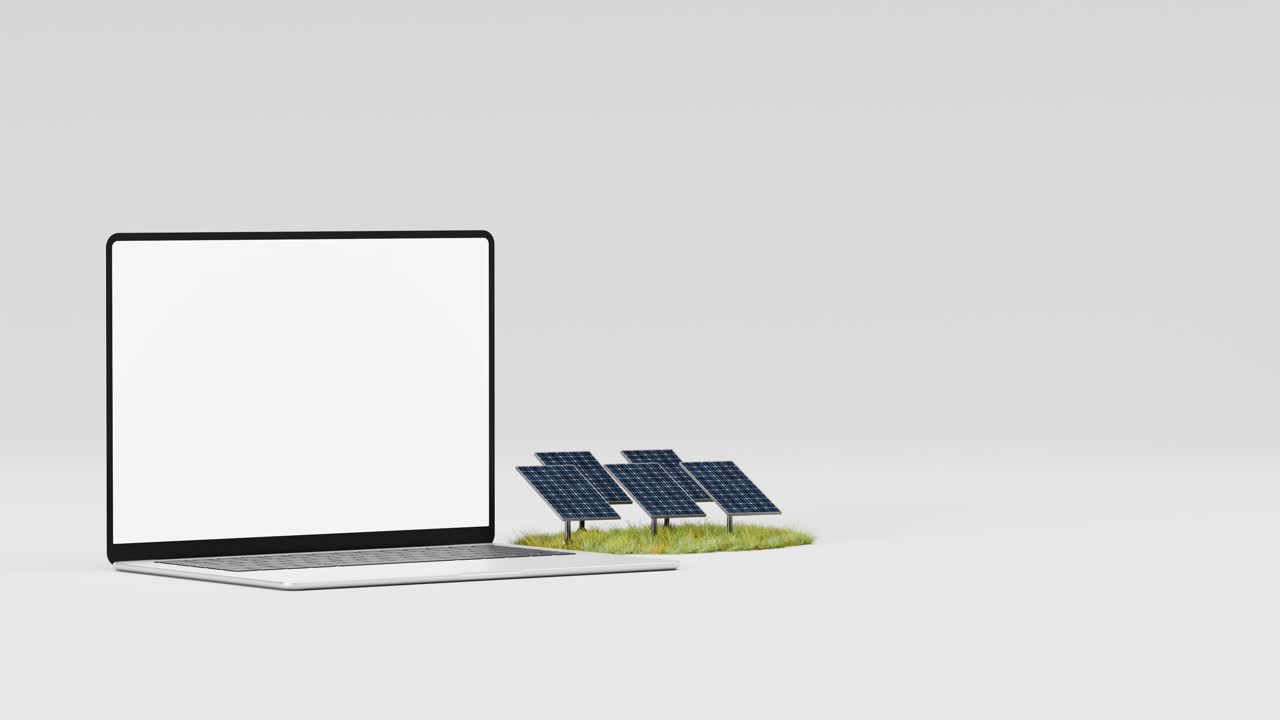 3d animation with modern laptop mock up near solar panels