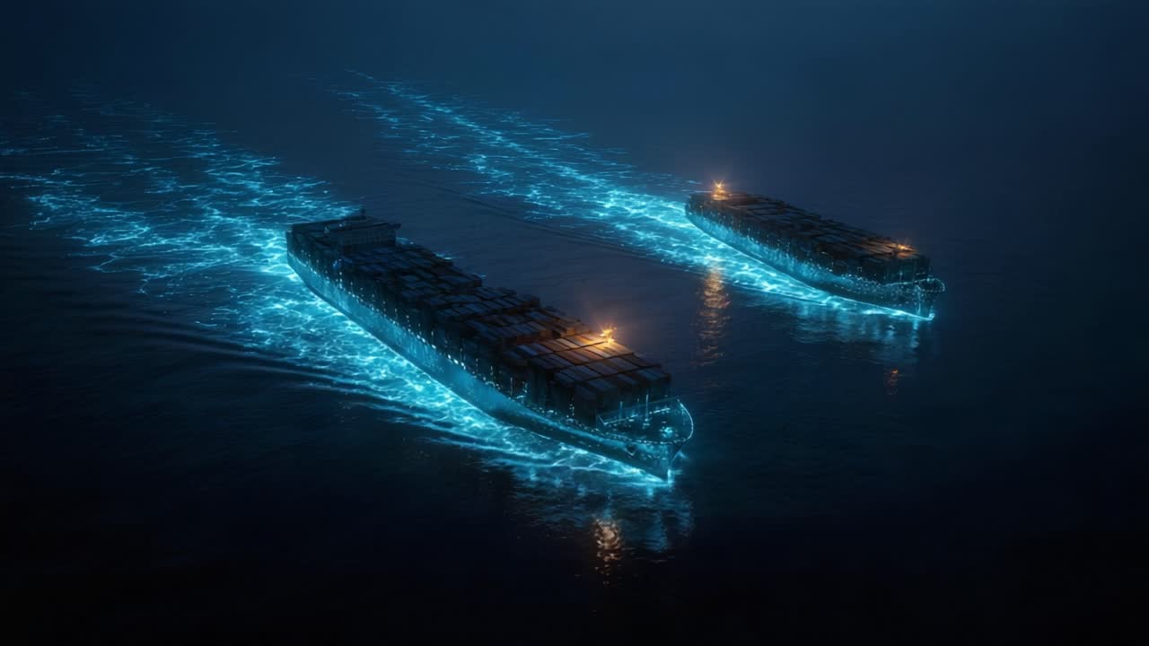 Two colossal container ships navigating through a dark ocean at night, leaving a mesmerizing trail of glowing blue bioluminescent plankton in their wake, creating a stunning and surreal spectacle