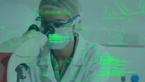 Animación-Del-Procesamiento-De-Datos-Con-Fórmula-Química-Sobre-Una-Científica-Caucásica-En-El-Laboratorio