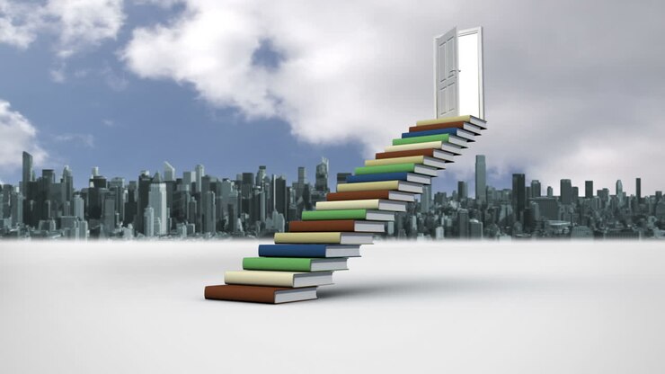 Steps made of books in front of a city