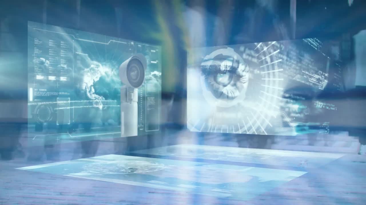 cctv 카메라의 애니메이션과 빠른 움직임으로  ⁇ 는 보행자 위의 화면에서 데이터 처리