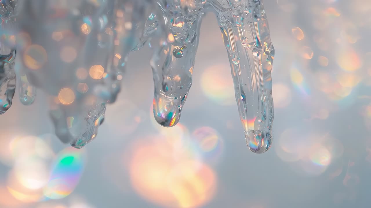 Showing sunlit paired clear icicle tips forming meltwater droplets in macro revealing inner bubbles