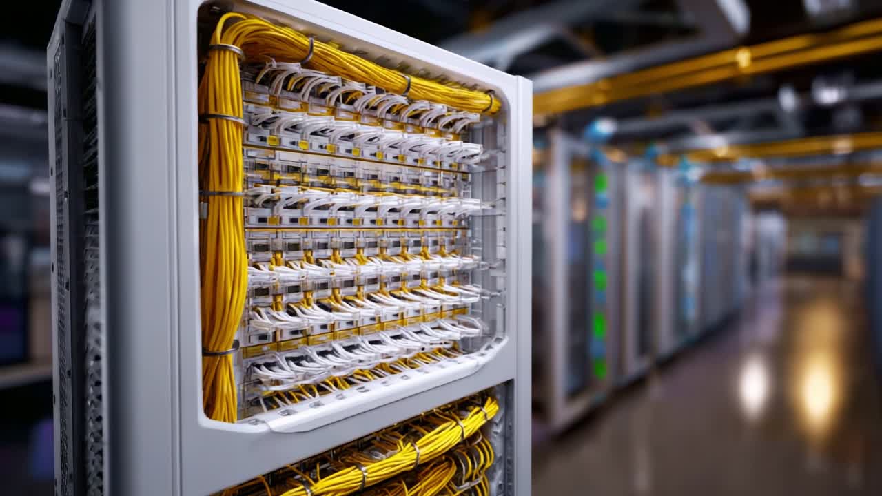 A Detailed View of Network Racks with Yellow Cables and Connectivity Components in a Modern Data Center Environment, Showcasing Efficient Data Management Systems