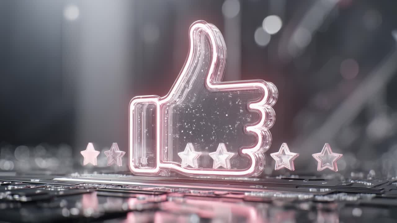 A Glowing Thumbs-Up Symbol with Stars Illuminated in a Futuristic Digital Setting, Emanating Positive Feedback and Engagement in a Technological Environment