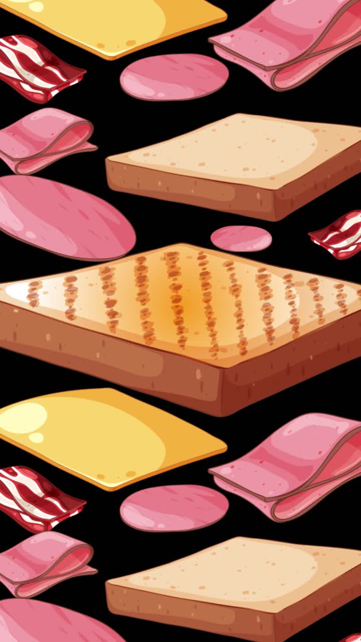 Secuencia animada de ingredientes para sándwich con cambios dinámicos de color de fondo y bucle continuo.