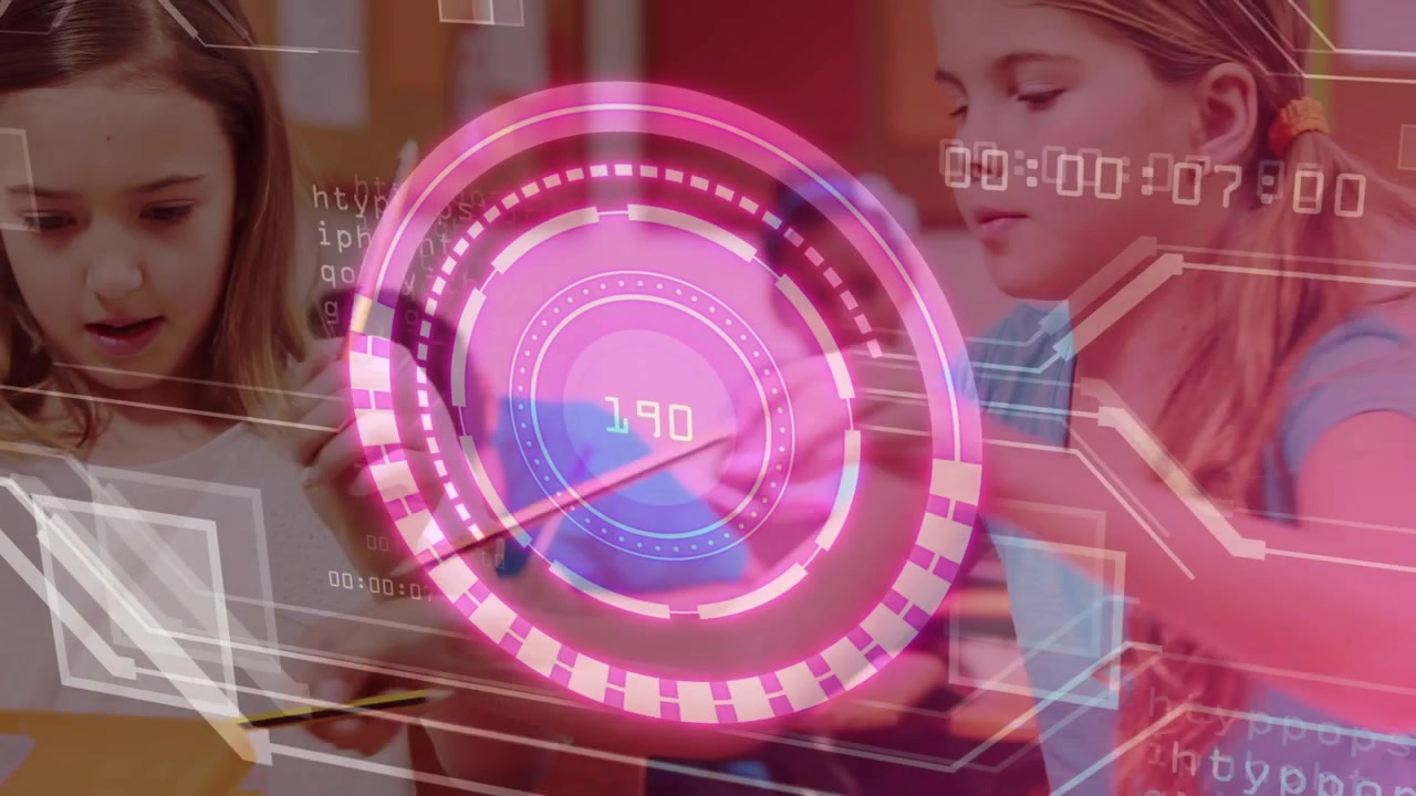 Girls working in classroom, pink-purple overlay cycling scans guiding string threading into writing