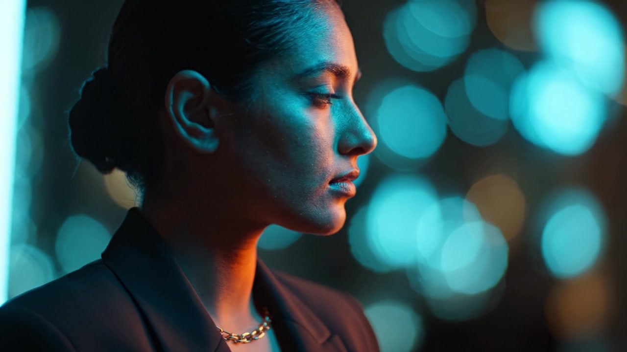Capturing the Essence of a Thoughtful Woman Bathed in Soft Lighting and Colorful Bokeh in Profile View, Emphasizing Emotions and Depth of Character.