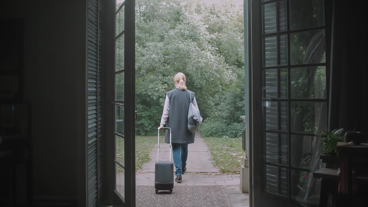 Doors opening woman pulling roller suitcase into garden with shoulder bag wearing coat leaving home