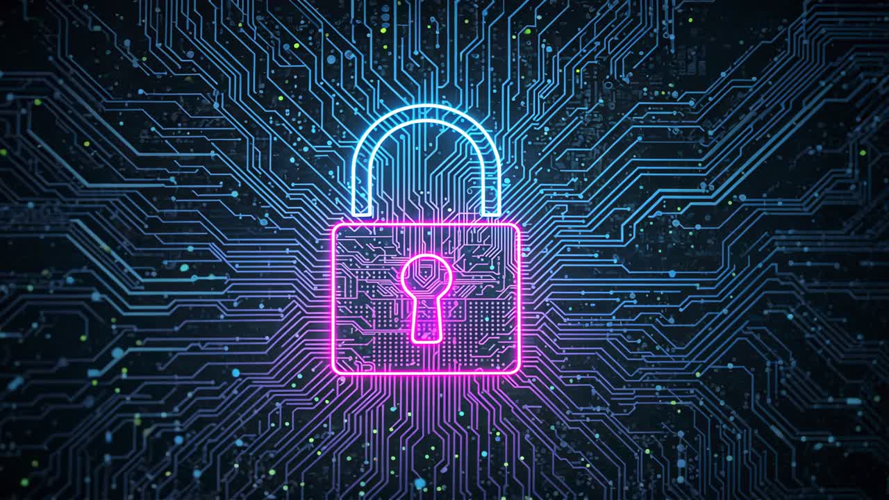 Materializing neon padlock pulsing blue traces flickering data nodes on circuitry, securing network
