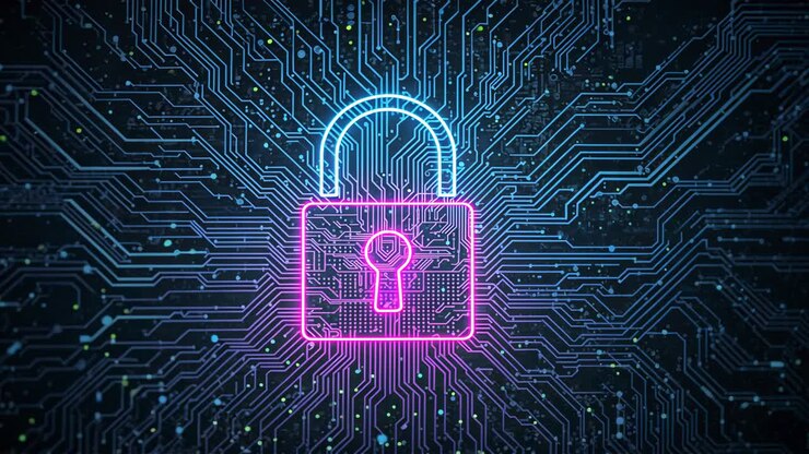 Materializing neon padlock pulsing blue traces flickering data nodes on circuitry, securing network