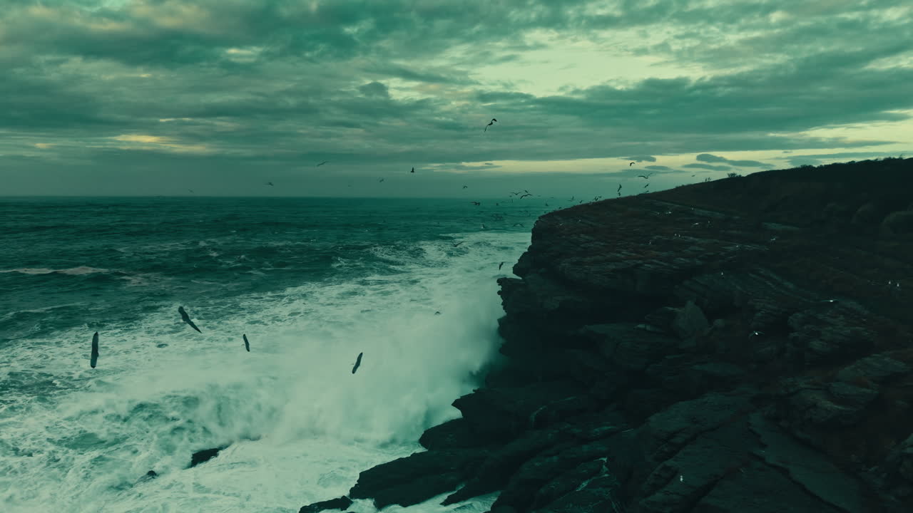 Dramatic Ocean Waves Crashing Against Rocky Cliff with Flying Seagulls