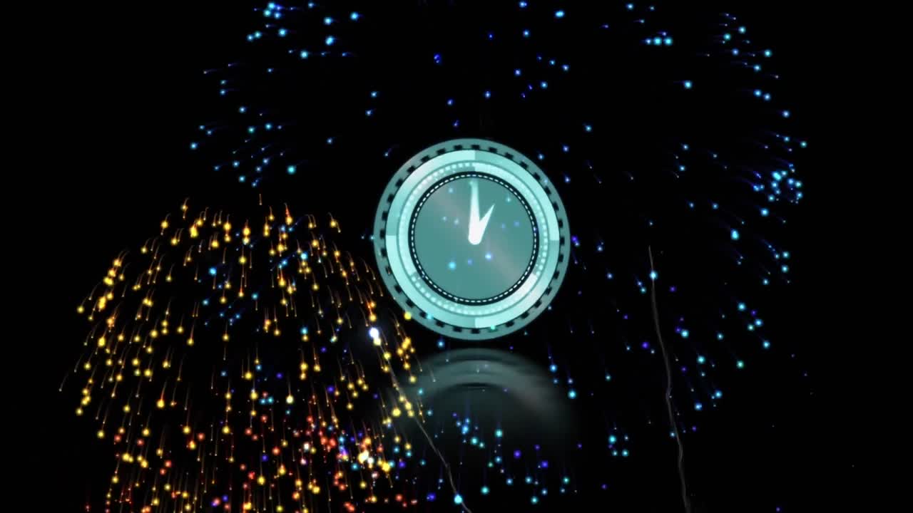 animación de fuegos artificiales y escaneo de alcance con reloj sobre fondo negro