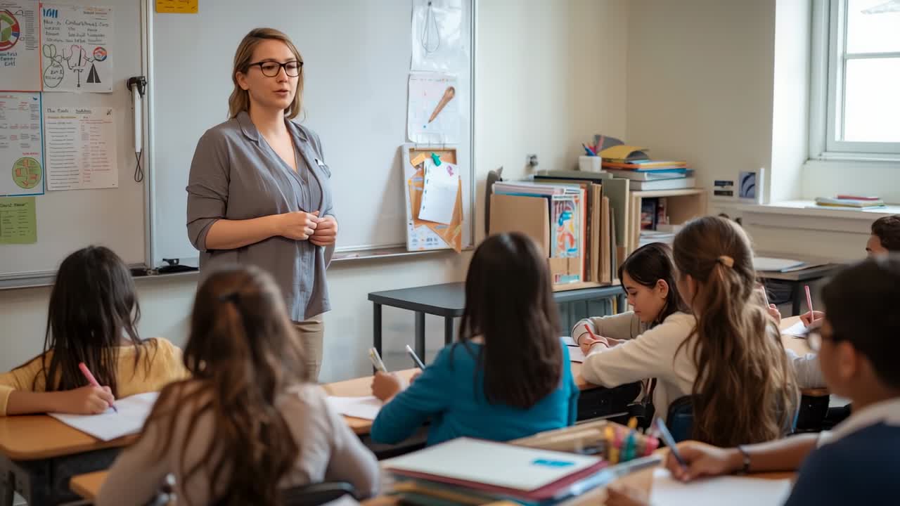 Speaking female teacher instructing students writing in classroom, with whiteboard, notebooks