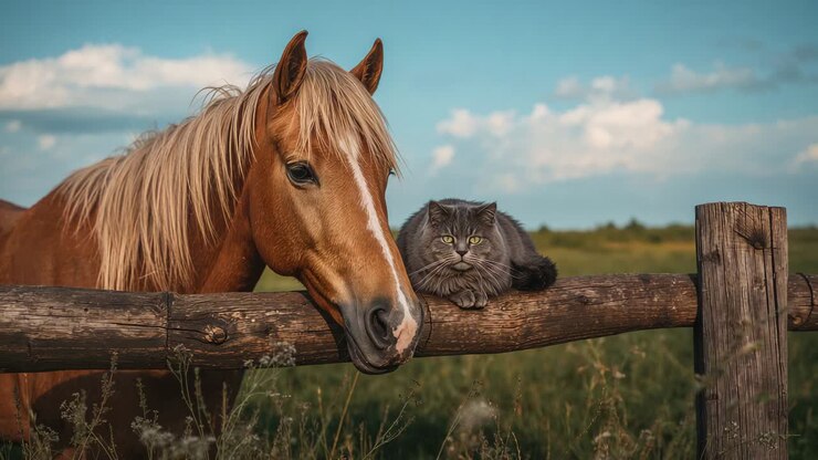 Die Schnauze senkt sich und hebt sich dann wieder, ein kastanienbraunes Pferd ruht sich neben einer grauen Katze auf einem Holzzaun auf der Weide aus