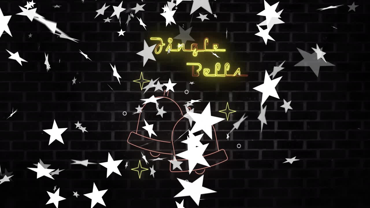 Jingle Bells text and stars animation over brick wall background