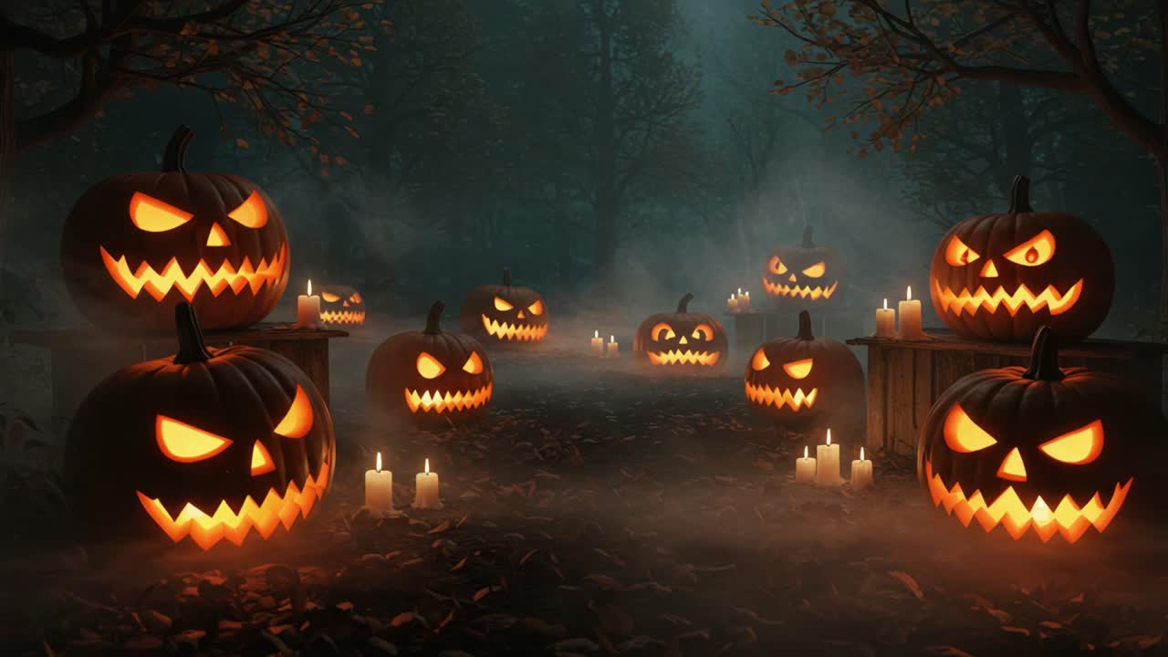 Eerie Halloween Scene with Grinning Jack-o'-Lanterns Surrounded by Flickering Candles in a Foggy Forest Setting, Perfect for Spooky Celebrations and Festive Decorations