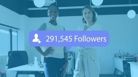 animation of followers number over diverse female colleagues in office