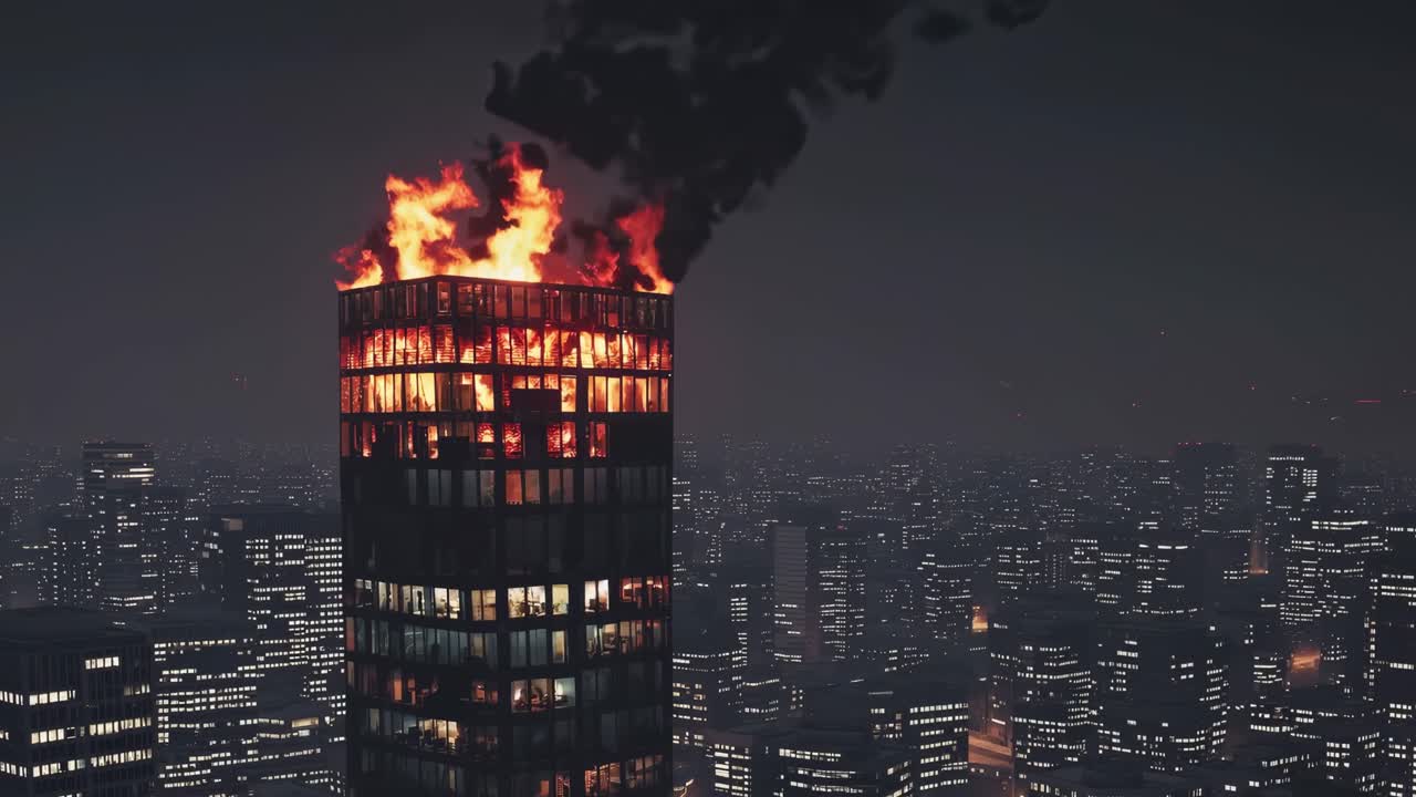 Huge flames and black smoke rising from the burning roof of a skyscraper in the city center at night, creating a dramatic and devastating scene